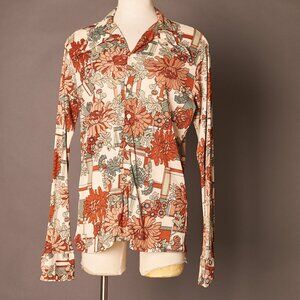 1970 Butterfly Collar Geometric Floral Print Button Up Shirt
